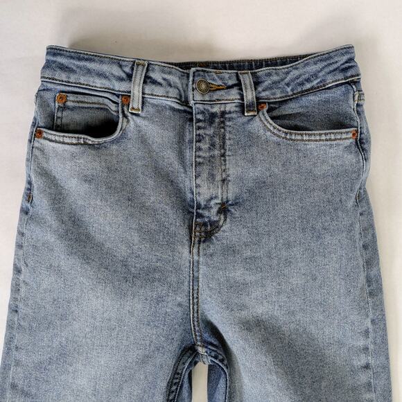 Motel Denim Jeans M Blue Split Hem Straight Leg Medium Wash Stretch Zipper Fly - Picture 3 of 11